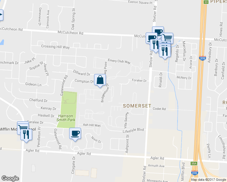 map of restaurants, bars, coffee shops, grocery stores, and more near 3764 Sunrise Lake Circle in Columbus