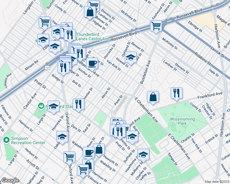 map of restaurants, bars, coffee shops, grocery stores, and more near 5425 Saul Street in Philadelphia