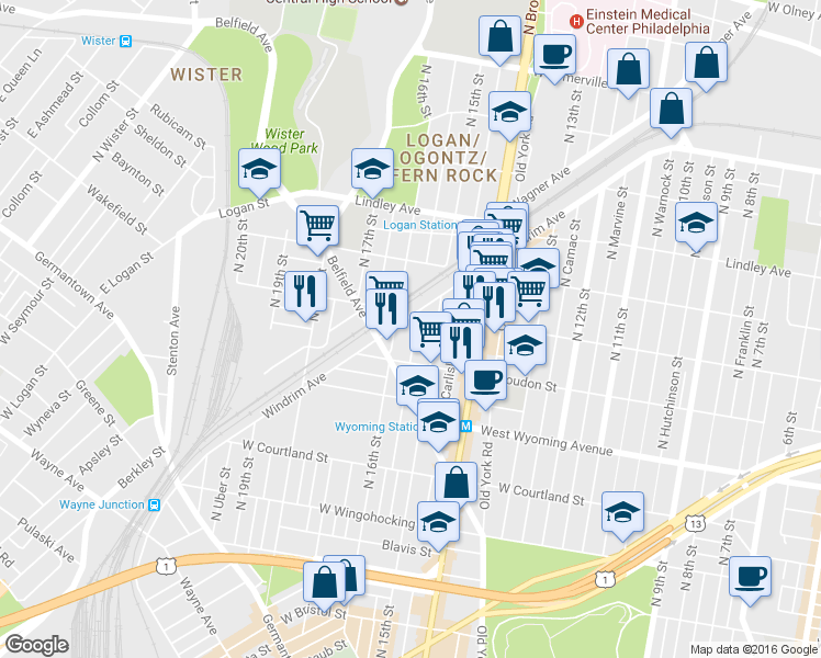 map of restaurants, bars, coffee shops, grocery stores, and more near 4840 North Sydenham Street in Philadelphia
