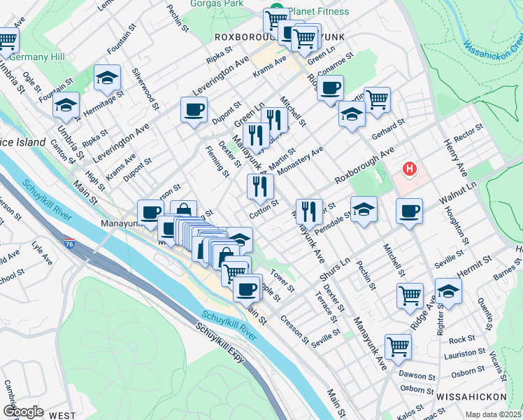 map of restaurants, bars, coffee shops, grocery stores, and more near 4317 Fleming Street in Philadelphia