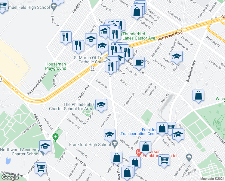 map of restaurants, bars, coffee shops, grocery stores, and more near 5245 Oxford Avenue in Philadelphia