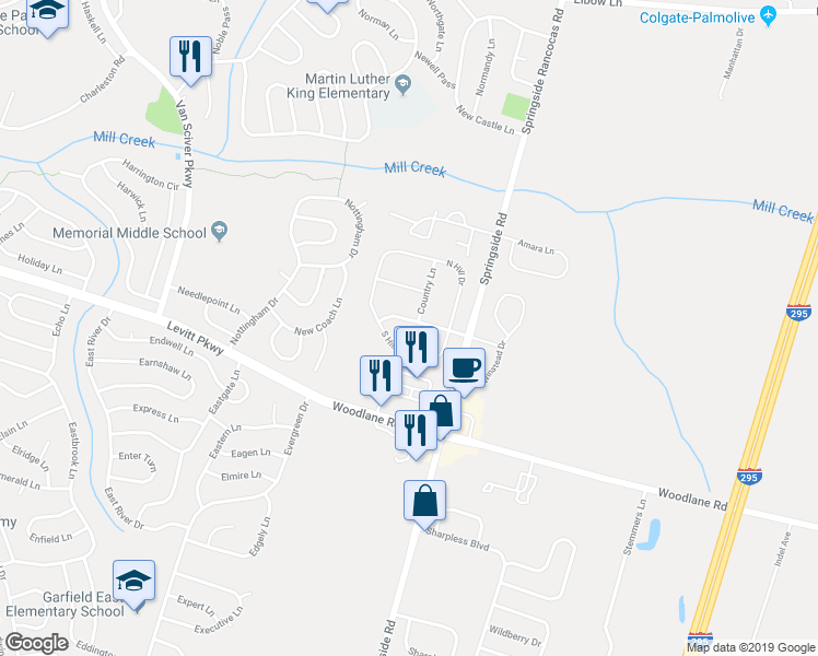 map of restaurants, bars, coffee shops, grocery stores, and more near 65 Rolling Hills Drive East in Westampton