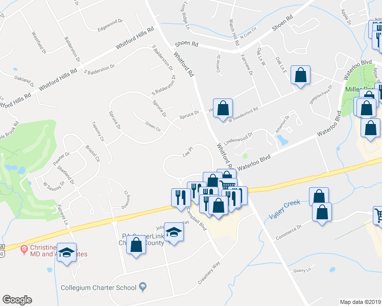 map of restaurants, bars, coffee shops, grocery stores, and more near 434 Lee Place in Exton
