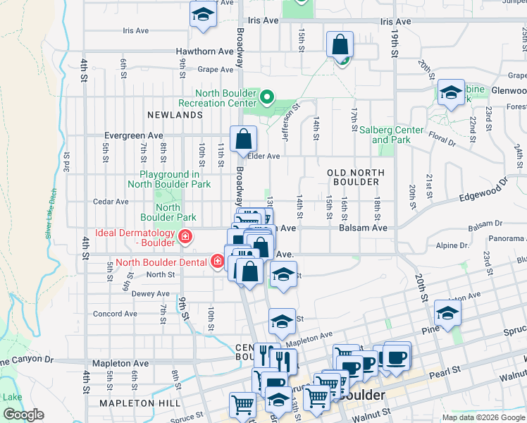map of restaurants, bars, coffee shops, grocery stores, and more near 2831 13th Street in Boulder