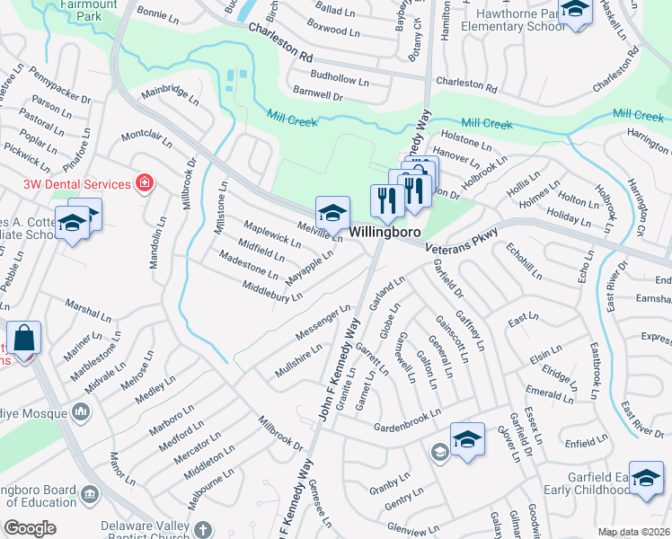 map of restaurants, bars, coffee shops, grocery stores, and more near 123 Middlebury Lane in Willingboro