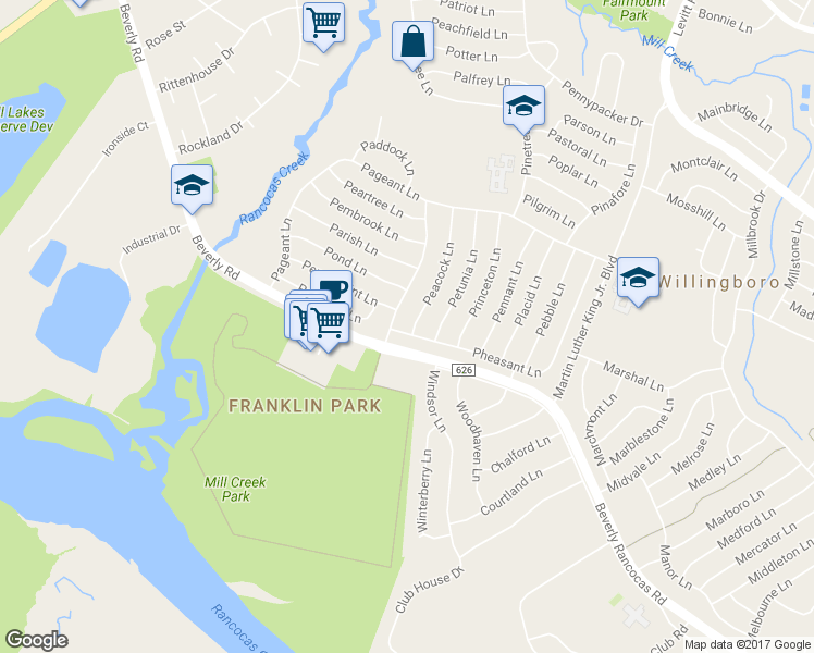 map of restaurants, bars, coffee shops, grocery stores, and more near 1 Peacock Lane in Willingboro