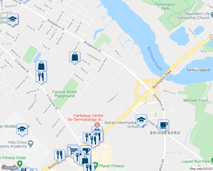 map of restaurants, bars, coffee shops, grocery stores, and more near 20 Silverwood Drive in Riverside