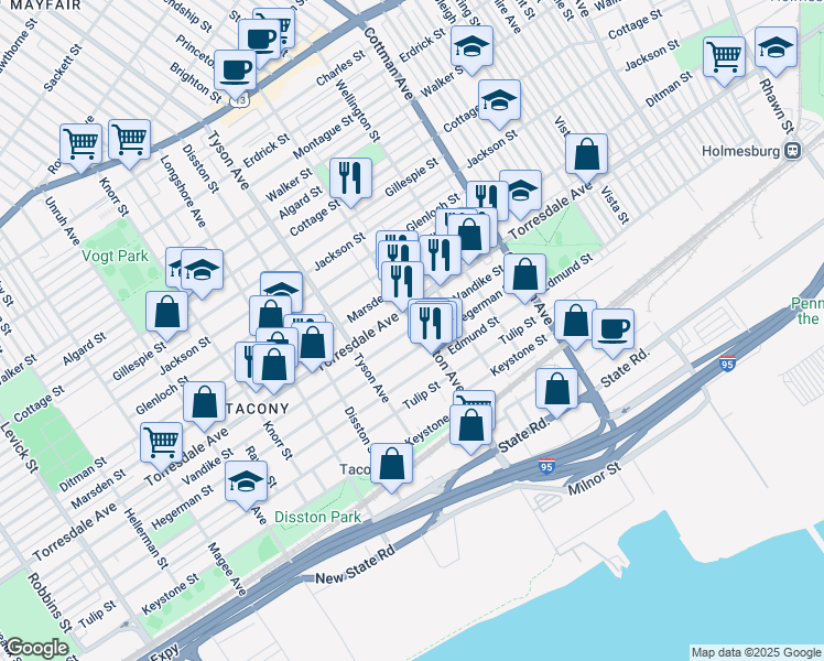 map of restaurants, bars, coffee shops, grocery stores, and more near 7046 Vandike Street in Philadelphia
