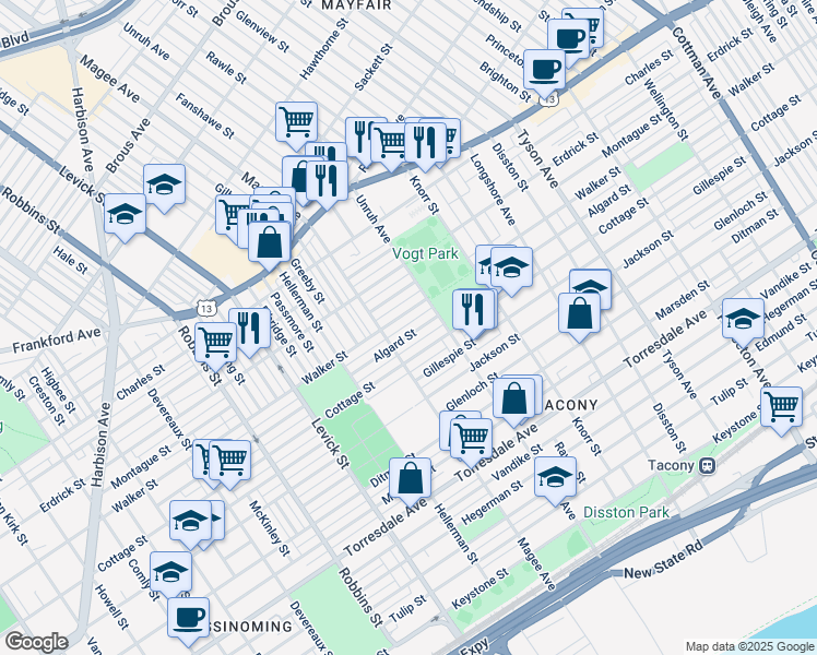 map of restaurants, bars, coffee shops, grocery stores, and more near 6628 Algard Street in Philadelphia