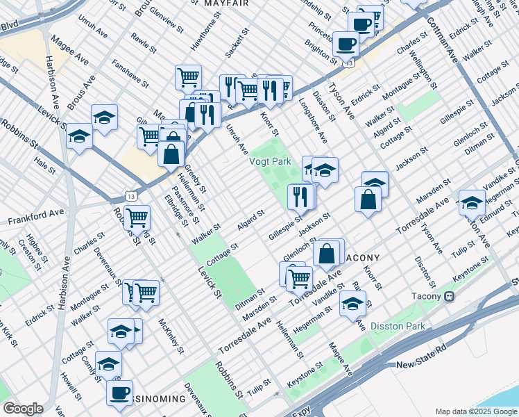 map of restaurants, bars, coffee shops, grocery stores, and more near 6628 Algard Street in Philadelphia