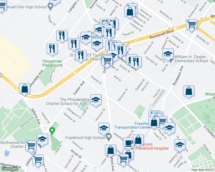map of restaurants, bars, coffee shops, grocery stores, and more near 1082 Granite Street in Philadelphia