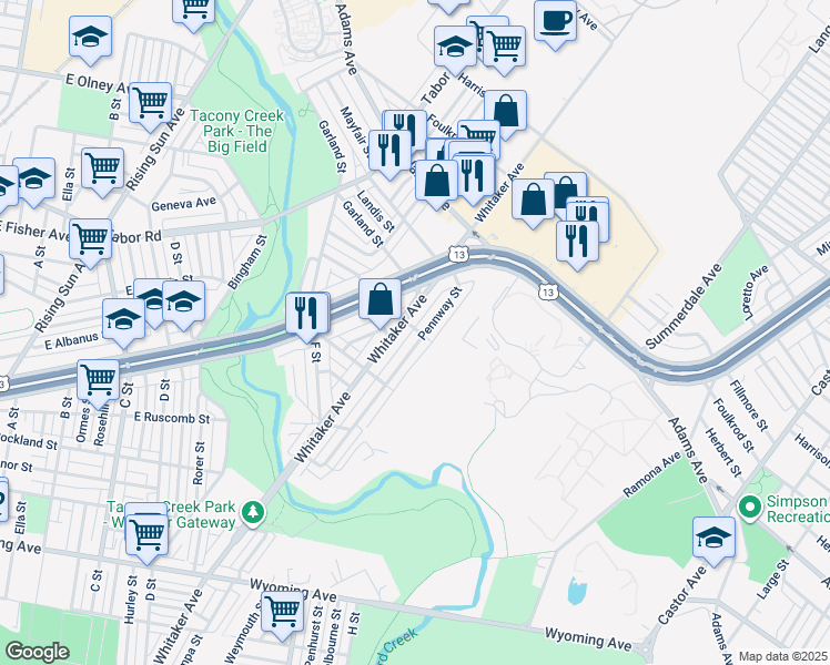 map of restaurants, bars, coffee shops, grocery stores, and more near 5176 Pennway Street in Philadelphia