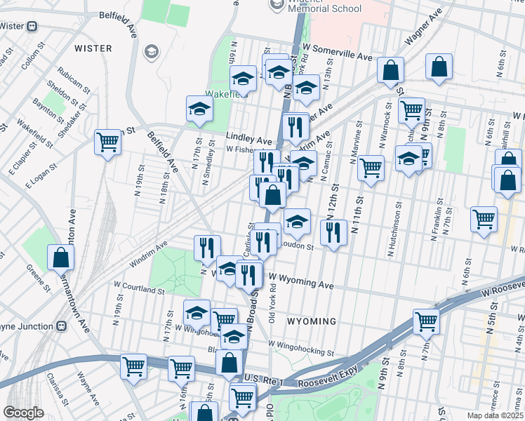 map of restaurants, bars, coffee shops, grocery stores, and more near 1360 West Rockland Street in Philadelphia
