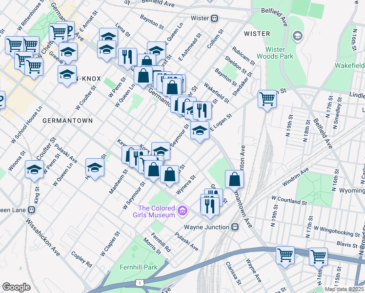 map of restaurants, bars, coffee shops, grocery stores, and more near 4935 Greene Street in Philadelphia