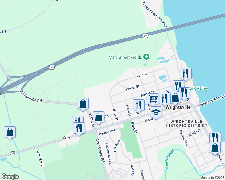 map of restaurants, bars, coffee shops, grocery stores, and more near 310 North 7th Street in Wrightsville