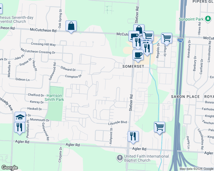map of restaurants, bars, coffee shops, grocery stores, and more near 2656 Glenbar Court in Columbus
