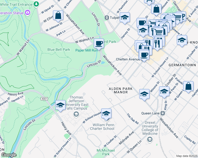 map of restaurants, bars, coffee shops, grocery stores, and more near 2979 West School House Lane in Philadelphia
