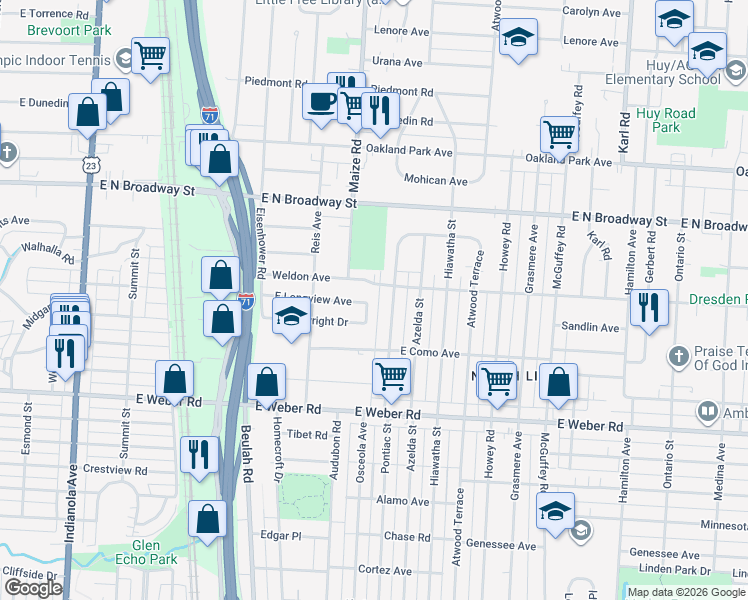 map of restaurants, bars, coffee shops, grocery stores, and more near 3052 Audubon Road in Columbus
