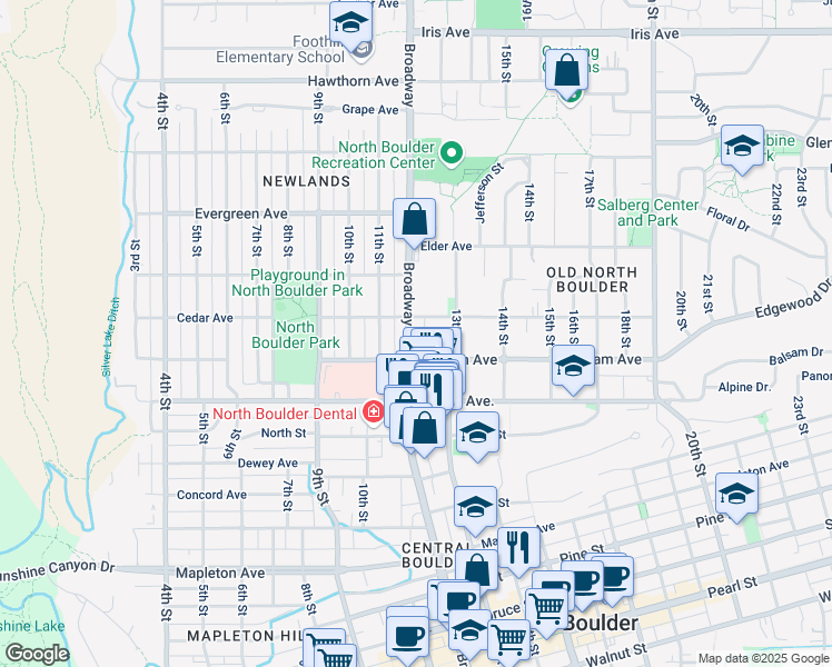 map of restaurants, bars, coffee shops, grocery stores, and more near 2832 Colorado 7 in Boulder