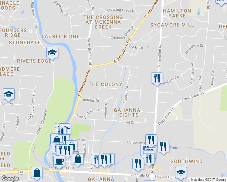 map of restaurants, bars, coffee shops, grocery stores, and more near 243 Colony Court in Columbus