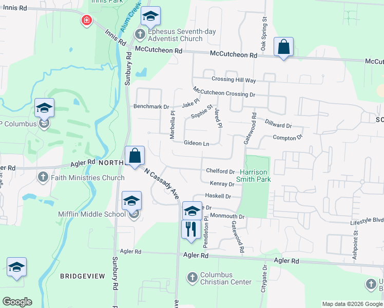 map of restaurants, bars, coffee shops, grocery stores, and more near 3130 Elmreeb Drive in Columbus