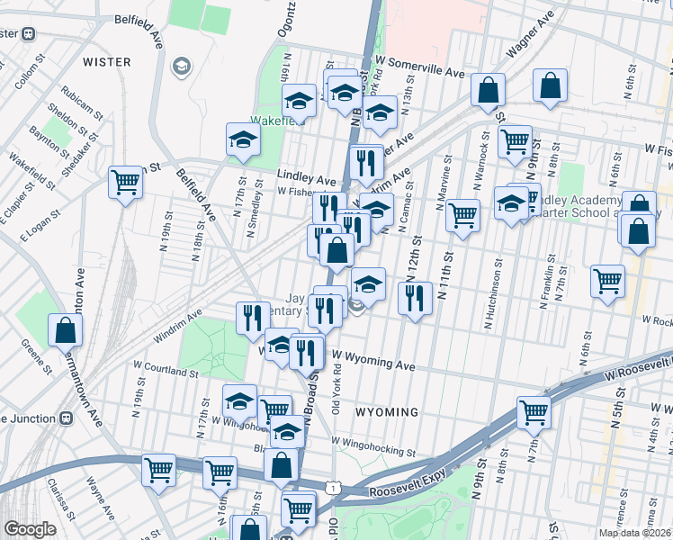 map of restaurants, bars, coffee shops, grocery stores, and more near 1360 West Rockland Street in Philadelphia
