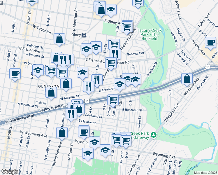 map of restaurants, bars, coffee shops, grocery stores, and more near 313 East Albanus Street in Philadelphia