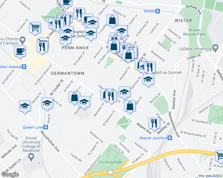 map of restaurants, bars, coffee shops, grocery stores, and more near 137 West Manheim Street in Philadelphia