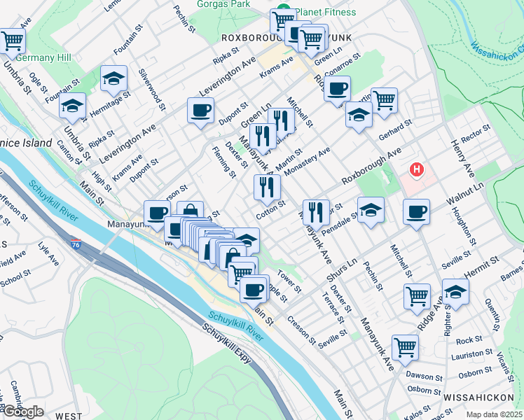 map of restaurants, bars, coffee shops, grocery stores, and more near 4324 Fleming Street in Philadelphia