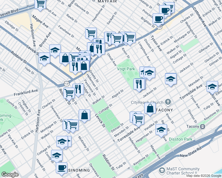 map of restaurants, bars, coffee shops, grocery stores, and more near 4238 Magee Avenue in Philadelphia