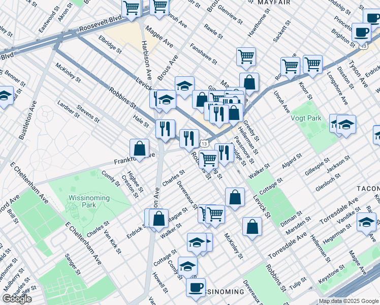 map of restaurants, bars, coffee shops, grocery stores, and more near 4032 Robbins Avenue in Philadelphia