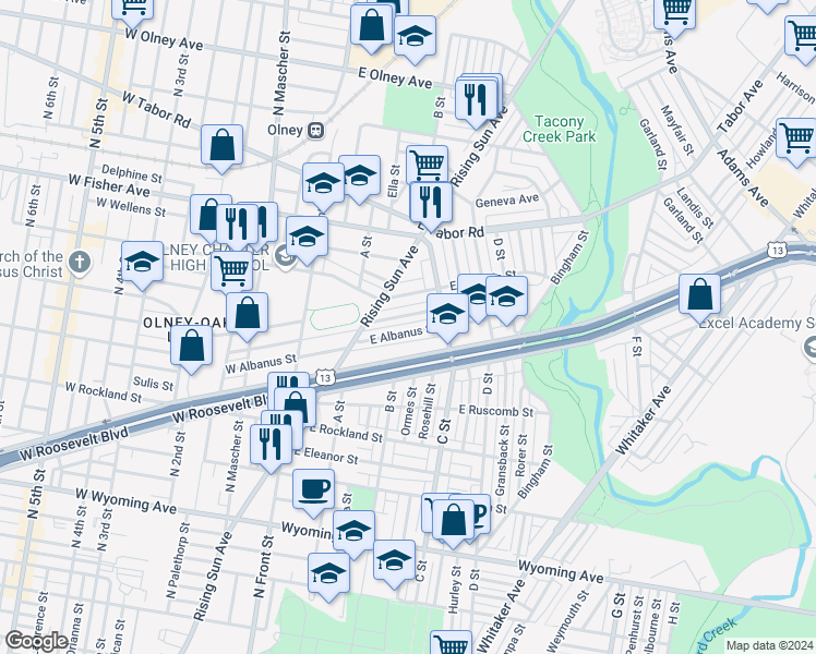 map of restaurants, bars, coffee shops, grocery stores, and more near 313 East Albanus Street in Philadelphia