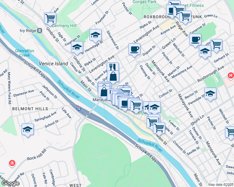 map of restaurants, bars, coffee shops, grocery stores, and more near 143 Carson Street in Philadelphia