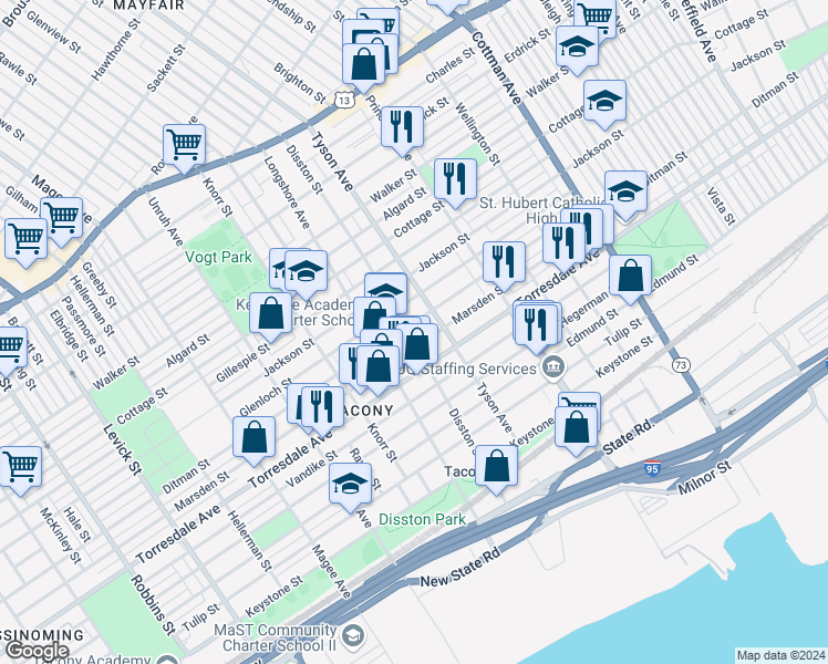 map of restaurants, bars, coffee shops, grocery stores, and more near 6933 Ditman Street in Philadelphia