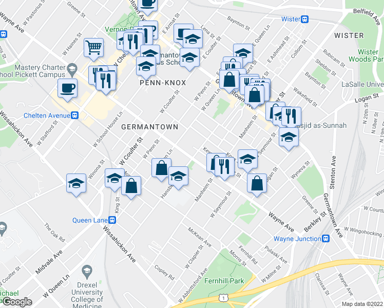 map of restaurants, bars, coffee shops, grocery stores, and more near 5203 Wayne Avenue in Philadelphia