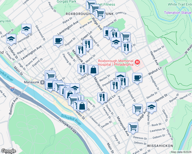 map of restaurants, bars, coffee shops, grocery stores, and more near 309 Roxborough Avenue in Philadelphia