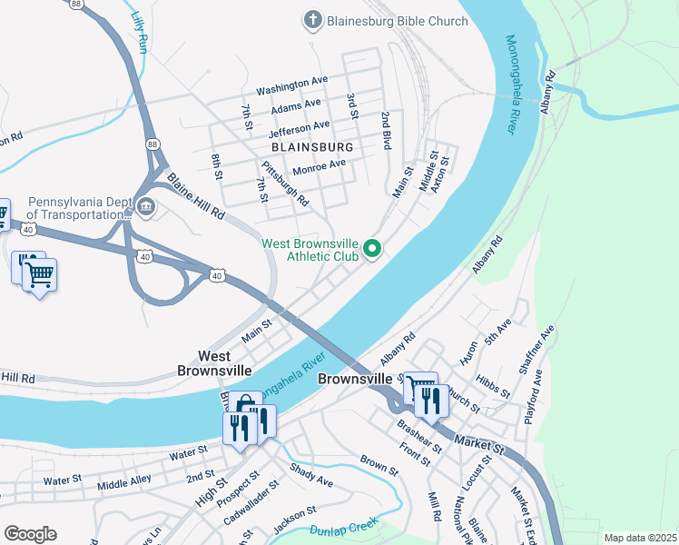 map of restaurants, bars, coffee shops, grocery stores, and more near 340 Middle Street in Brownsville