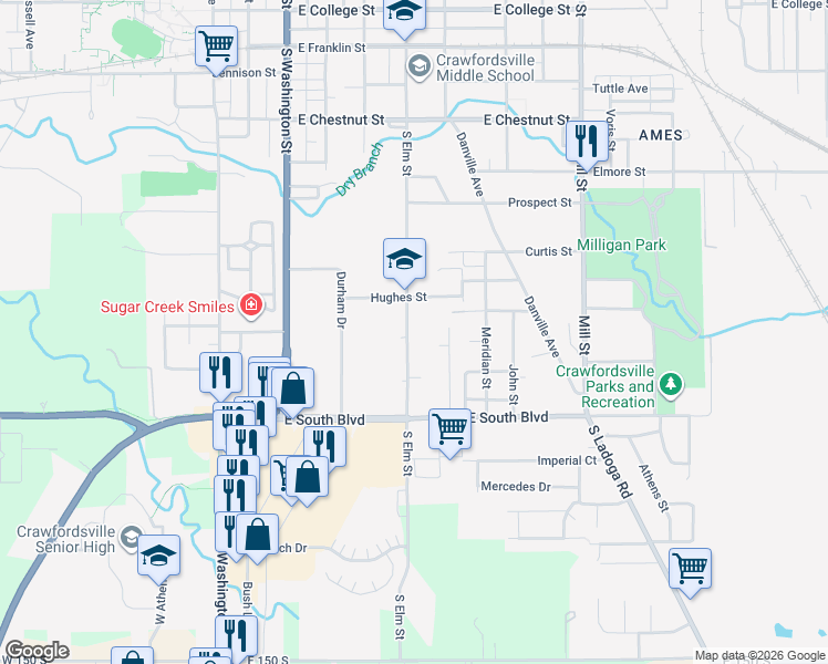 map of restaurants, bars, coffee shops, grocery stores, and more near 1420 South Elm Street in Crawfordsville