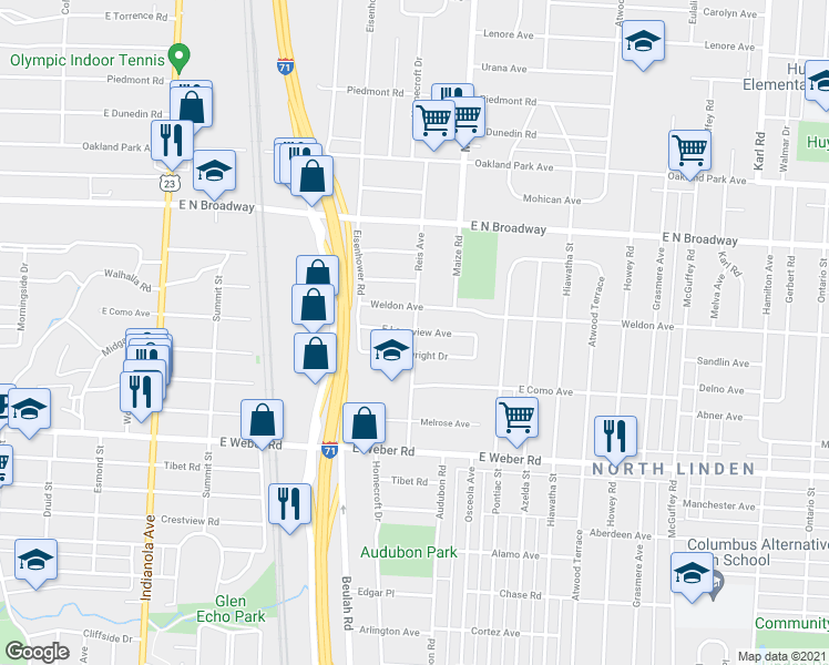 map of restaurants, bars, coffee shops, grocery stores, and more near E Longview Ave & Reis Ave in Columbus