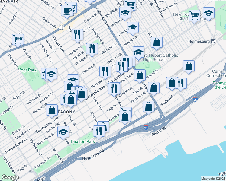 map of restaurants, bars, coffee shops, grocery stores, and more near 4731 Princeton Avenue in Philadelphia
