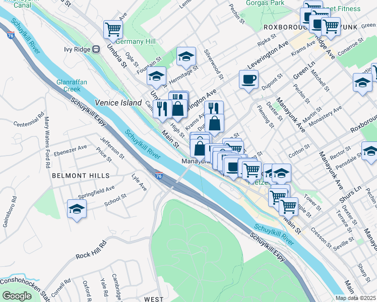 map of restaurants, bars, coffee shops, grocery stores, and more near 106 Green Lane in Philadelphia