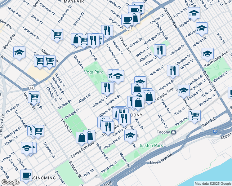 map of restaurants, bars, coffee shops, grocery stores, and more near 4418 Knorr Street in Philadelphia