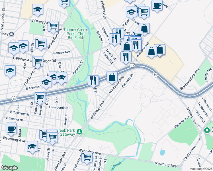 map of restaurants, bars, coffee shops, grocery stores, and more near 5132 Mebus Street in Philadelphia
