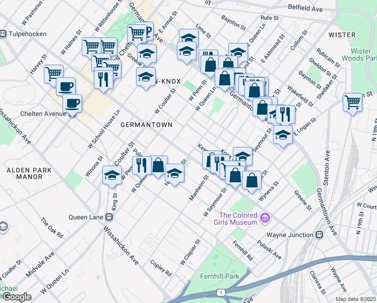 map of restaurants, bars, coffee shops, grocery stores, and more near 5201 Wayne Avenue in Philadelphia