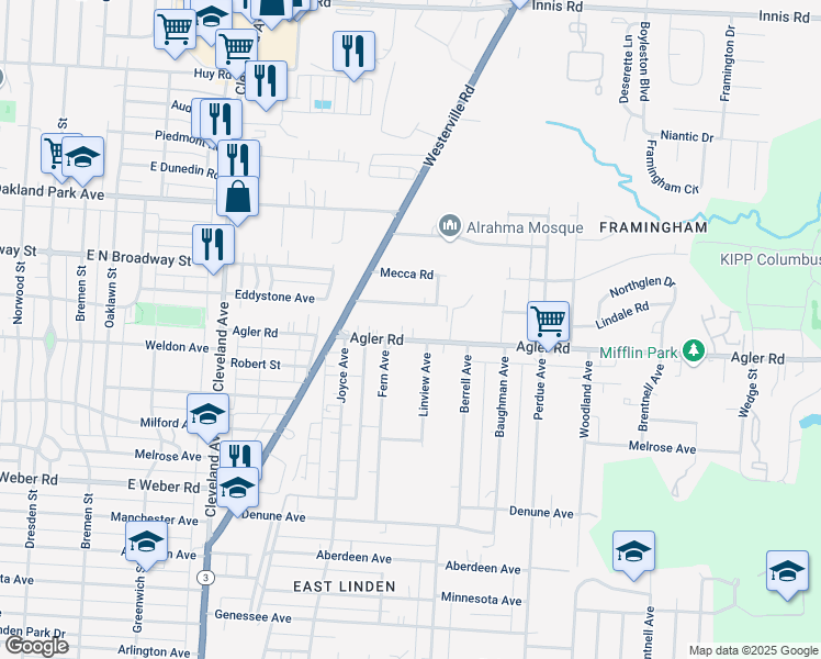 map of restaurants, bars, coffee shops, grocery stores, and more near 2044 Agler Road in Columbus