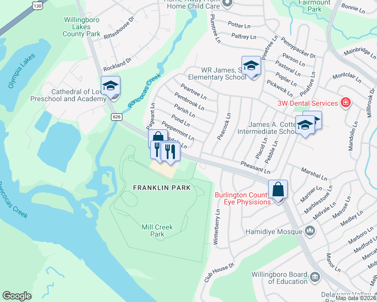map of restaurants, bars, coffee shops, grocery stores, and more near 50 Pensdale Lane in Willingboro