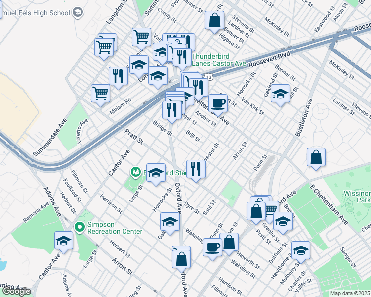 map of restaurants, bars, coffee shops, grocery stores, and more near 1136 Bridge Street in Philadelphia