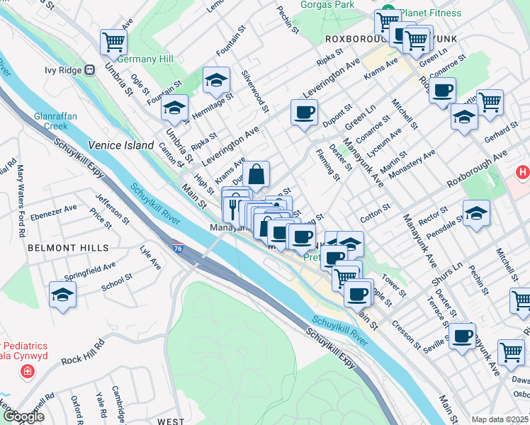 map of restaurants, bars, coffee shops, grocery stores, and more near 143 Carson Street in Philadelphia