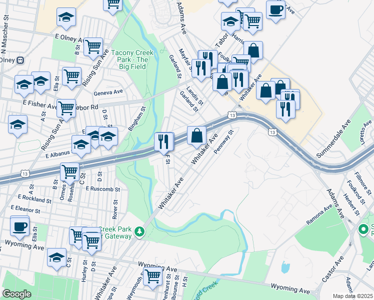 map of restaurants, bars, coffee shops, grocery stores, and more near 5132 Mebus Street in Philadelphia