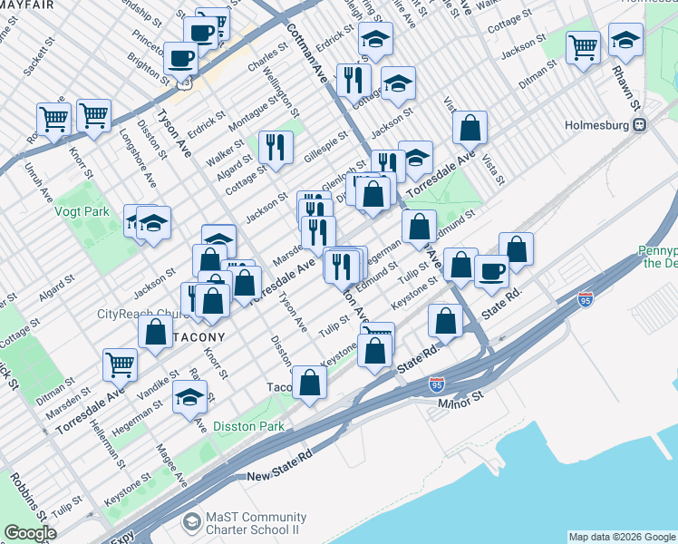 map of restaurants, bars, coffee shops, grocery stores, and more near 7118 Hegerman Street in Philadelphia